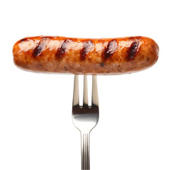 Close up of a grilled sausage on a fork.