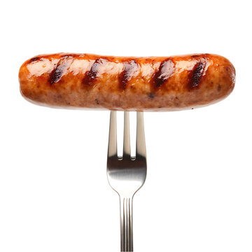 Close up of a grilled sausage on a fork.