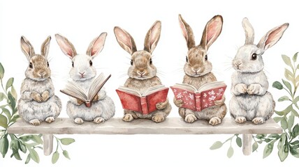 Obraz premium Five Adorable Bunnies Reading Books on a Bench Watercolor Illustration Childrens Book Cute Animals