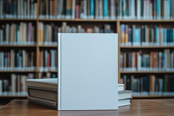 A blank white book mockup standing upright on a wooden table, surrounded by stacked books. In the background, a library shelf filled with various books in soft focus.