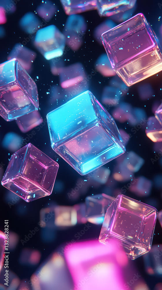 Poster neon cubes abstract: a vibrant and futuristic image of floating neon cubes with a gradient of vivid 