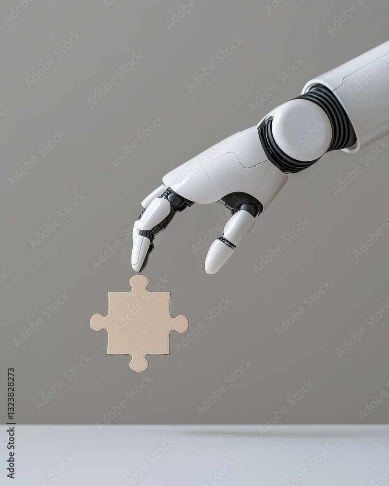 Poster robotic hand grasping puzzle piece against simple gray background for technology and integration con