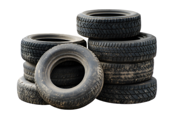 Set of old dirty tire stacks isolated on transparent background.