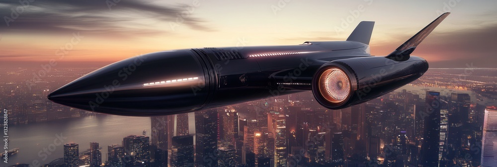 Aufkleber Futuristic spaceship hovering over a sleek cityscape with a glowing engine at dusk