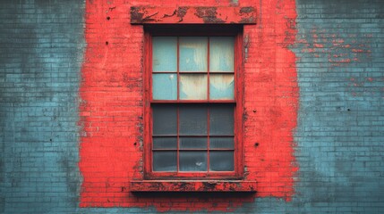 Red and Blue Brick Wall with Old Window