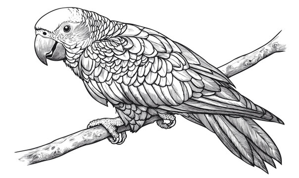 Parrot perched on branch - monochrome linear icons set - vector.