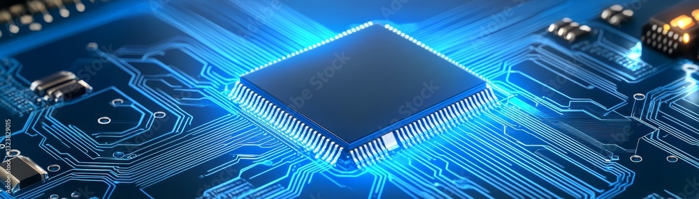 Poster illuminated computer chip closeup view of modern technology