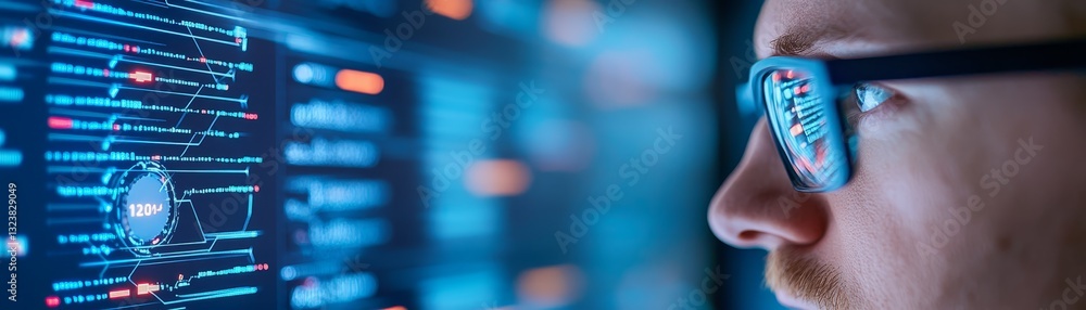 Poster man with glasses concentrating on computer screen focused work in modern workspace