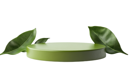 Green podium with green leaves isolated on white background