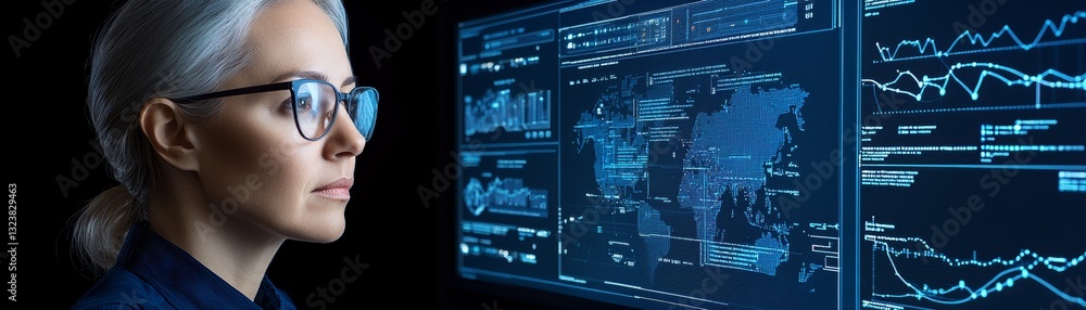 Aufkleber focused woman analyzes colorful graphs on computer screen for datadriven insights