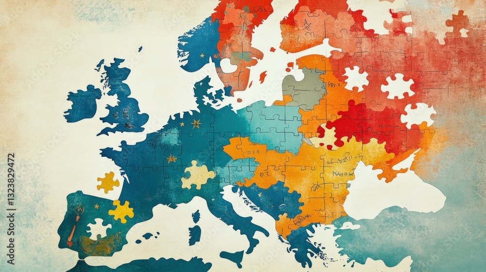 Aufkleber colorful jigsaw puzzle map of europe with vintage texture representing unity and diversity