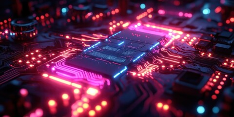 High Bandwidth Data Transfer Circuit Tracing in a Futuristic Neon Cyberpunk Style