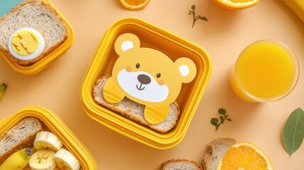Kids lunch box with funny bear sandwich and boiled egg bee, banana, orange juice. Back to school background. Top view 