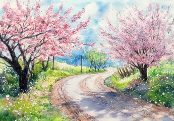 Fototapeta premium Cherry Blossom Road in Spring Countryside