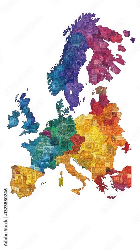 Poster colorful mosaic map of a continent with intricate patterns and textures on white background