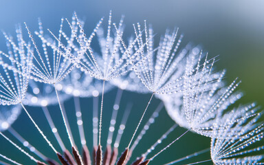 Delicate Dandelion Seeds Adorned with Dewdrops Glimmering in Soft Morning Light