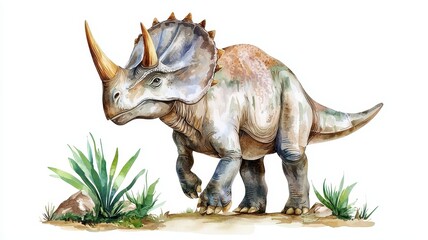 Fototapeta premium Watercolor Painting of a Triceratops Dinosaur in a Prehistoric Landscape