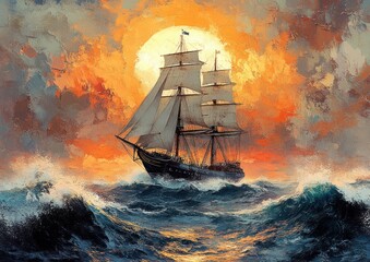 Sailing Ship in Dynamic Ocean Waves with Dramatic Sky and Golden Sunlight