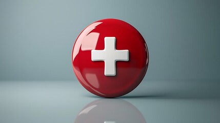 Obraz premium Red round button with white cross symbol representing medical assistance and healthcare on reflective surface