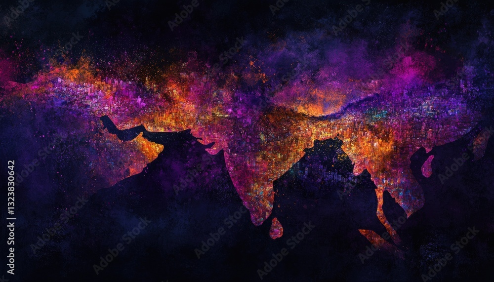 Poster abstract map of a country created with colorful particles on black background representing geography