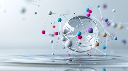 Abstract representation of atomic structure with colorful particles and geometric lines forming a dynamic design