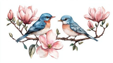 Watercolor Painting of Two Bluebirds Perched on a Magnolia Branch Springtime Floral and Avian Art
