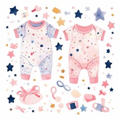 Twins Watercolor Baby Shower Pink Blue Rompers Stars Baby Accessories Illustration
