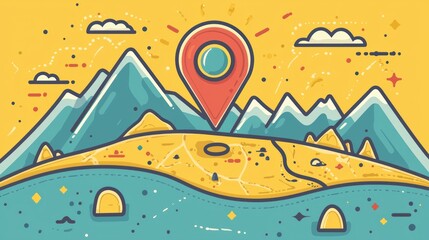 Naklejka premium Illustration of a location pin on mountain peaks, map and stylized landscape