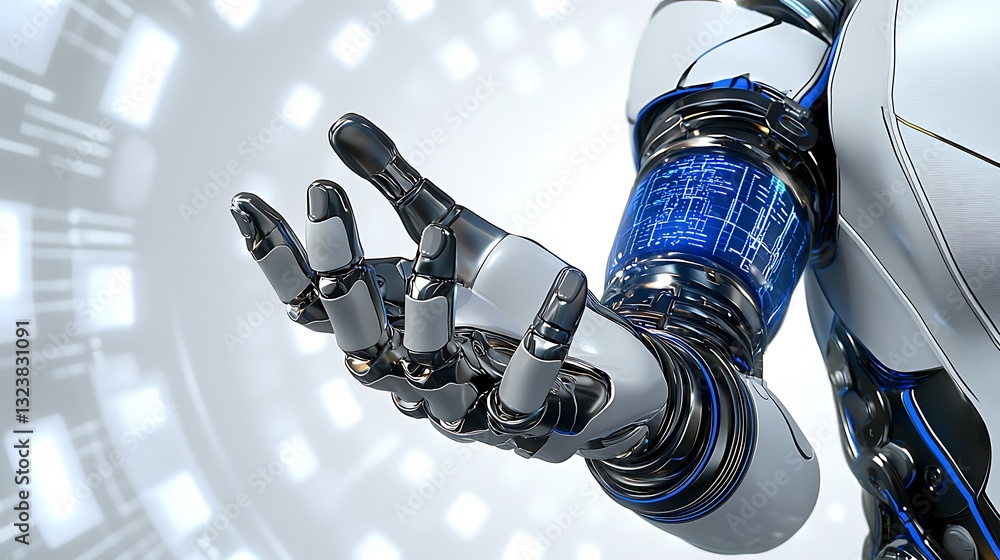 Poster futuristic robotic hand reaching out with intricate circuitry and glowing elements in a high-tech en