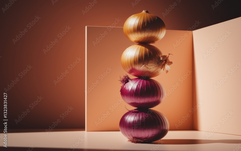 Poster stack of colorful onions on a minimalist background with warm lighting