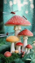 Red And Orange Mushrooms With Dragonflies And Ants In A Fantasy Forest