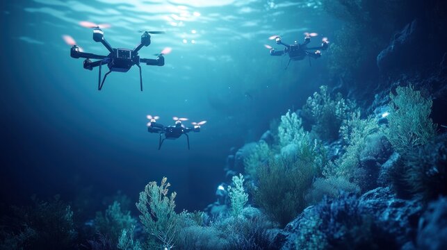 Underwater drones survey coral reef, ocean research