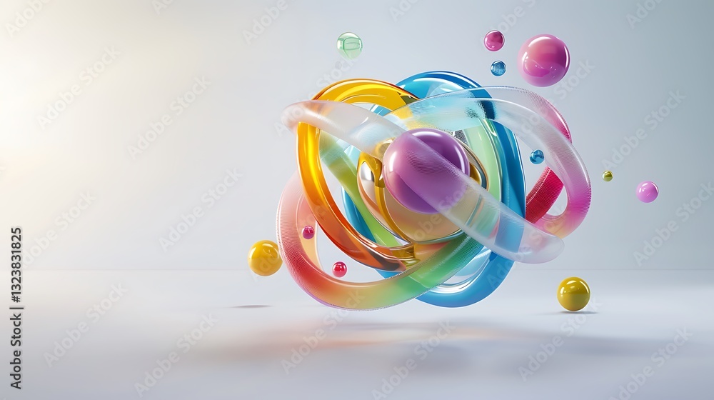 Poster vibrant abstract composition with colorful swirls and glossy spheres floating on a light background