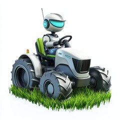 Robotic farmer driving a tiny eco-friendly tractor in a lush green field, isolated on clear white background