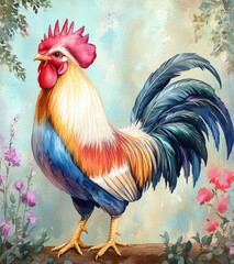 Fototapeta premium Colorful Rooster with Long Emerald Tail and Vivid Feathers in Watercolor Art