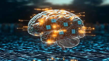 Conceptual representation of futuristic brain with technology elements and digital circuits in blue tones