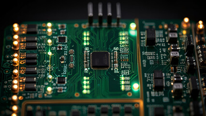 Close Up of Electronic Circuit Board with Illuminated Microchip and Detailed Components Representing Modern Technology and Innovation