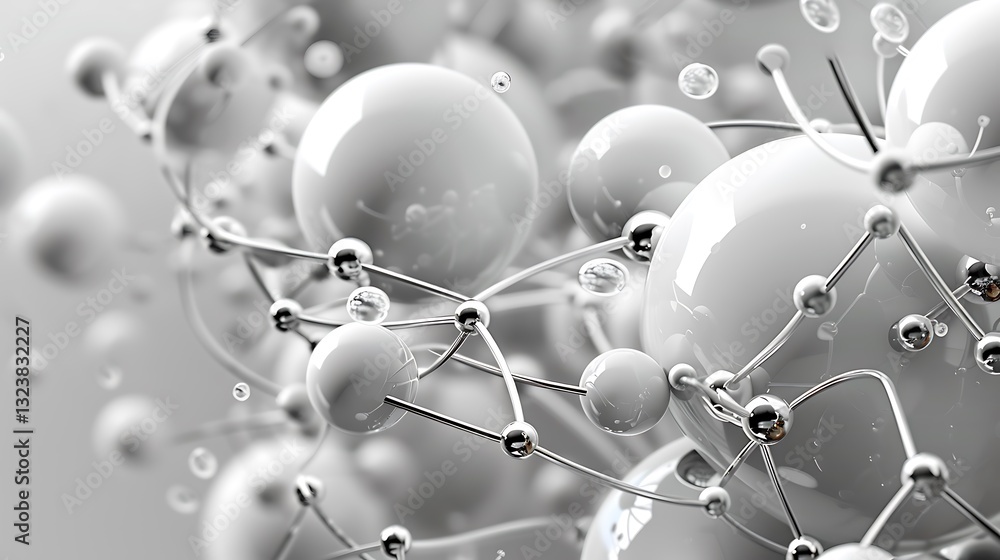 Poster abstract representation of molecular structures with spheres and connecting bonds in monochromatic s