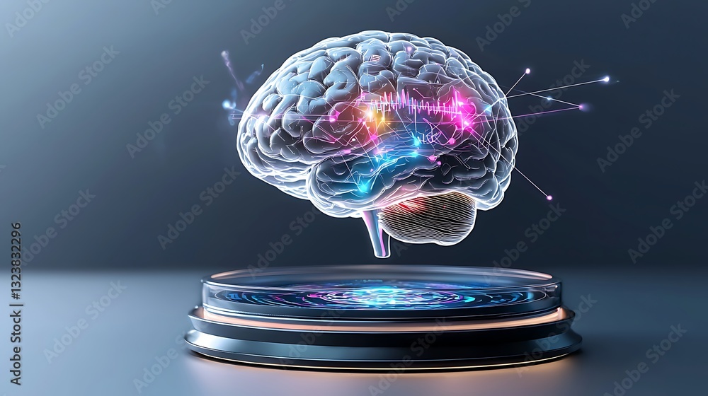 Poster futuristic digital brain visualization with colorful neural connections and light effects on a circu