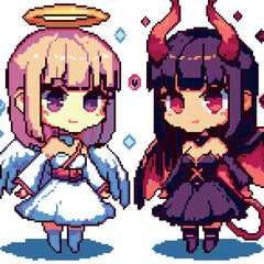 Angel and demon. Anime chibi. Pixel art. 100% vector illustration