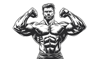 Fototapeta premium Muscular man flexing biceps illustrations, flat icons set, vector.