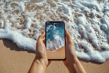 A smartphone with a blank screen in the hands of someone standing on a beach, their feet being splashed by waves, with sand visible beneath them, mock-up photography style