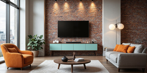 Vintage Chic Loft A stylish loft with a vintage-inspired TV stand beneath a wall-mounted TV, exposed brick walls, eclectic furniture