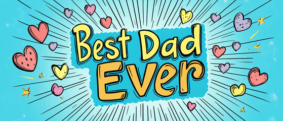 A lively and colorful graphic with a bright blue background, bold yellow text, and playful hearts bursting with joy
