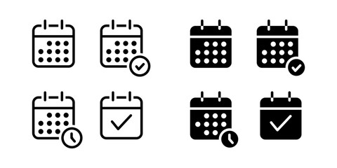 Calendar icon set. Schedule and event sign. Planner, reminder, and appointment symbol. Deadline, meeting, and marked date pictogram. Time management and notification illustration.