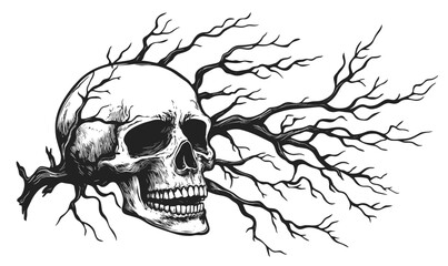 Fototapeta premium Skull with branches design, bone art, black and white flat icons set, vector.