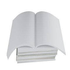 Open book on top of a stack of books isolated on white