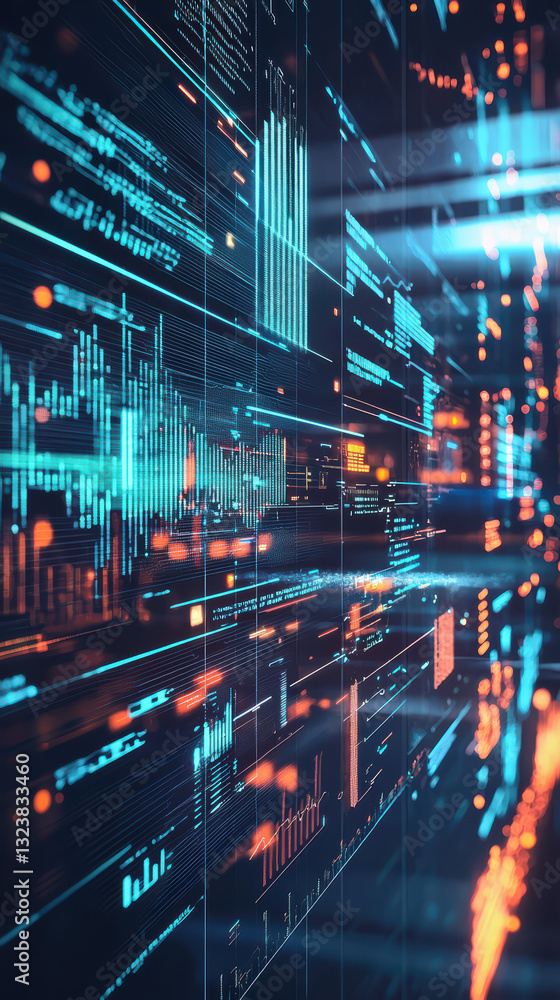 Poster digital metropolis: a vibrant portrayal of a futuristic cityscape, where data streams and glowing li