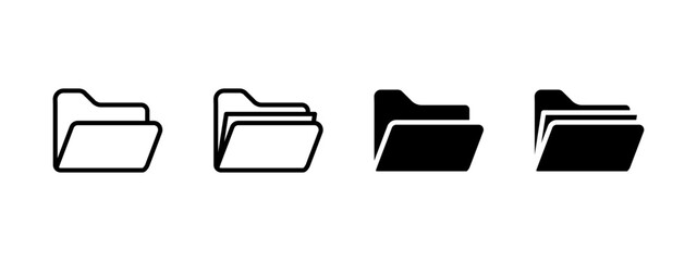Folder icon set. File and document sign. Storage, archive, and directory symbol. Organization, paperwork, and management pictogram. Business and office filing illustration.