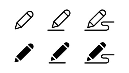 Pencil icon set. Writing and editing sign. Drawing, sketch, and annotation symbol. Creativity, document, and signature pictogram. Office and stationery tool illustration.